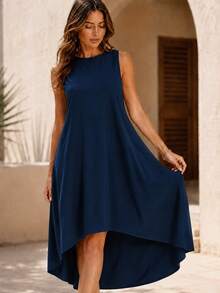 Women's Asymmetrical Dress, Sleeveless High Low Hem Beach Dress, Breathable Summer Midi Dress For Vacation Outfits Women And Resort Wear - 藏青色 - 查看 3