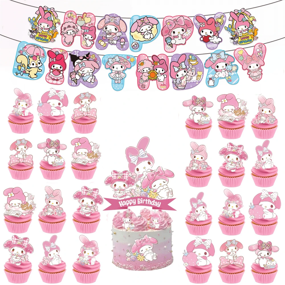 SANRIO Set Dekorasi Ulang Tahun Kelinci Pita Merah Muda Lembut, Termasuk Spanduk Huruf SELAMAT ULANG TAHUN, Hiasan Kue Besar, Beberapa Hiasan Cupcake, Dekorasi Meja Hidangan Penutup Pesta Ulang Tahun Anak Perempuan Gaya Manis dan Feminin - View 1
