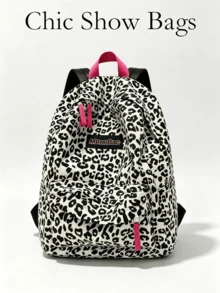 Nylon Backpack, Black And White Leopard Print, Pink Zipper And Logo Patch, Multi-Pocket Large Capacity School Bag, Y2K Style, Suitable For Teenage Girls Daily Campus Outings - Black and White - View 2