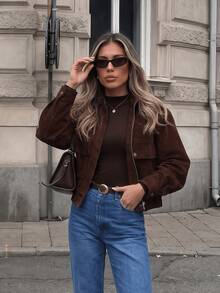 Jaket Varsity Wanita Bahan Suede dengan Kerah Tegak, Lengan Panjang, Resleting, dan Saku, Sempurna untuk Gaya Musim Gugur - Coffee Brown - View 2