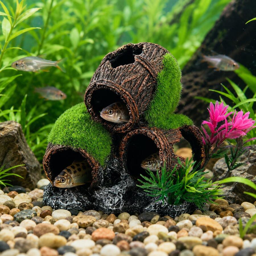 1 buah Dekorasi Akuarium Gua 3 Tong dari Resin dan Lumut, Tempat Persembunyian Ikan dengan Tanaman Buatan, Cocok untuk Ikan Cupang dan Udang sebagai Dekorasi Akuarium - A - View 1