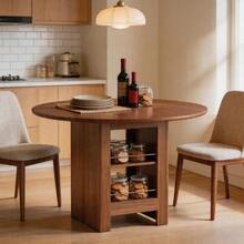 Mesa de Comedor Redonda Moderna con Almacenamiento Abierto, Tapa con Acabado de Madera de Nogal y Cuerpo con Acabado de Nogal, 100cm de Diámetro, para 4-6 Personas, para Cocina, Comedor y Espacios Pequeños - 1 - Ver 1