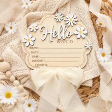 Wooden Daisy Hello World Newborn Birth Information Record Plaque, Name Date Time Weight Height Commemorative Wooden Sign, Bow Baby Photo Prop, Nursery Hanging Decoration, Full Month Anniversary Gift - Multicolor - View 1