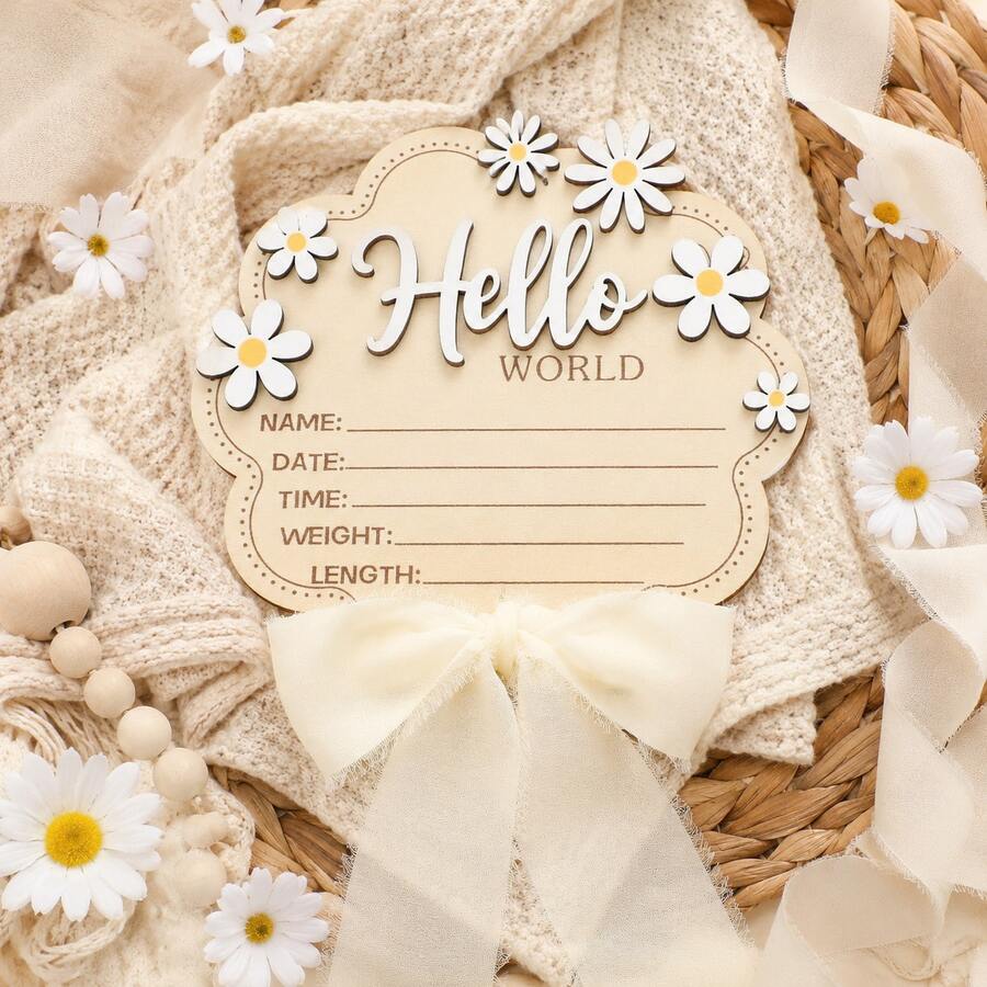 Wooden Daisy Hello World Newborn Birth Information Record Plaque, Name Date Time Weight Height Commemorative Wooden Sign, Bow Baby Photo Prop, Nursery Hanging Decoration, Full Month Anniversary Gift - Multicolor - View 1