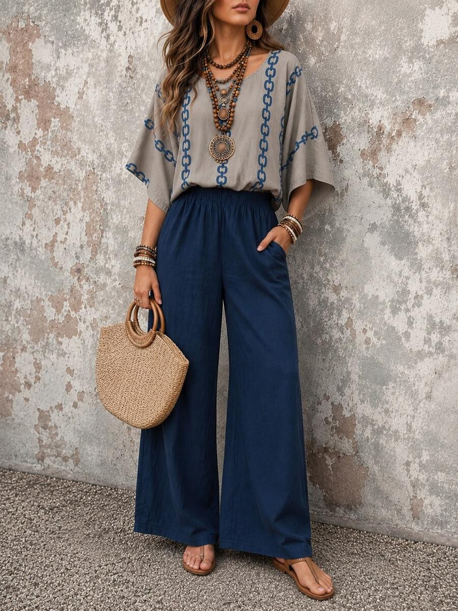 (Free Shipping) Women's 2-Piece SetDaily Casual Minimalist T-Shirt & Striped Wide-Leg Pants Summer; Vacation Outfits Women;Summer Clothes For Women - 灰色 - 查看 1