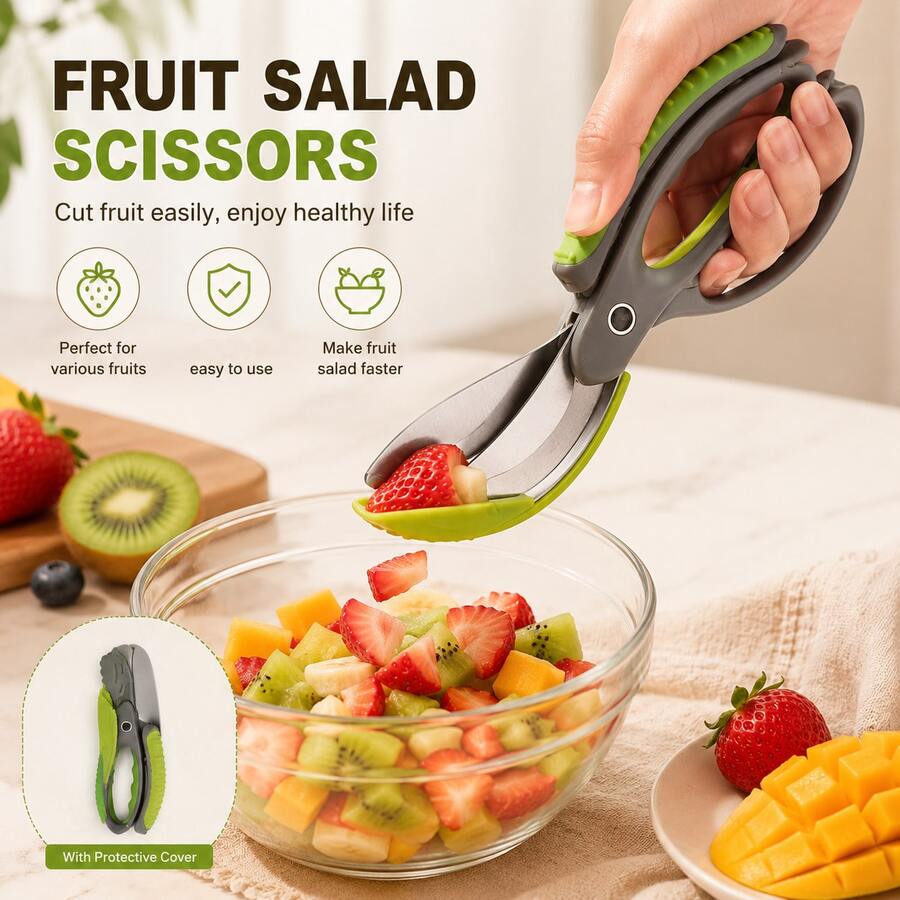 Fruit Salad Scissors, Fruit Slicer, Fruit Cutter, Portable Kitchen Food Preparation Tool, Stainless Steel Fruit Cutting Scissors, Suitable For Strawberries, Bananas, Apples, Kiwis - Random Color - View 1