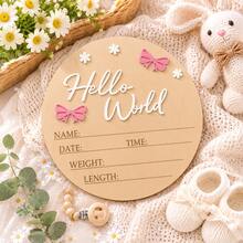 Hello World Wooden Newborn Birth Announcement Board, Name Date Time Weight Height Handwritten Record Board, Bow & Flower Decor Baby Photo Prop, Full Month Gift Ornament - Multicolor - View 4