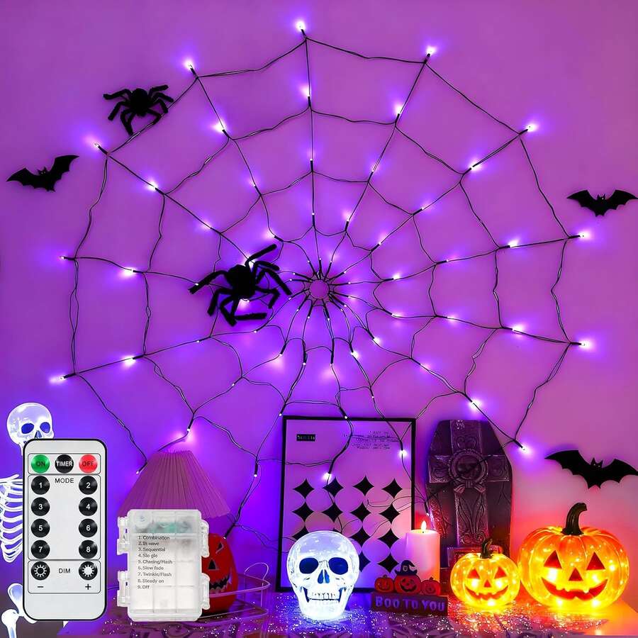LED Spider Web Lights 4ft Purple Halloween Decoration String Lights | 70 LED Bulbs, 8 Lighting Modes, Remote Control And Battery Powered, Create Mysterious Atmosphere, Suitable For Halloween Theme Party Garden Holiday Halloween Party Decoration