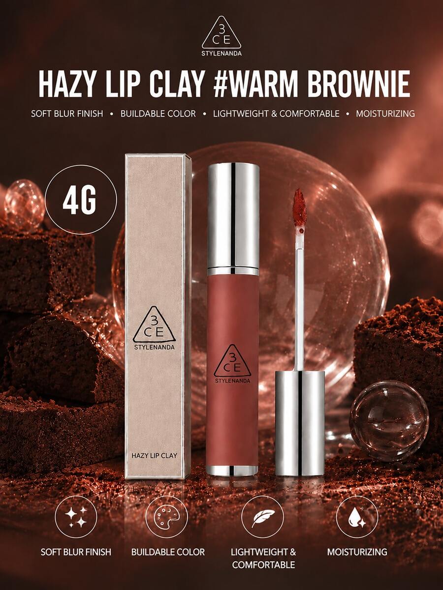 3CE HAZY LIP CLAY#WARM BROWNIE 4g，質地滑順不乾燥，顯色度高可疊加，適合黃色與白色膚色
