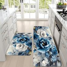 [Rose Design Room Decor] 1/2pcs High-Quality Flannel White Blue Rose Kitchen Mat Set | Indoor & Outdoor Comfortable Carpets For Home, Office, Laundry, Bathroom, Holiday Decor | Thickness 0.47 Inches - Multicolor - View 3
