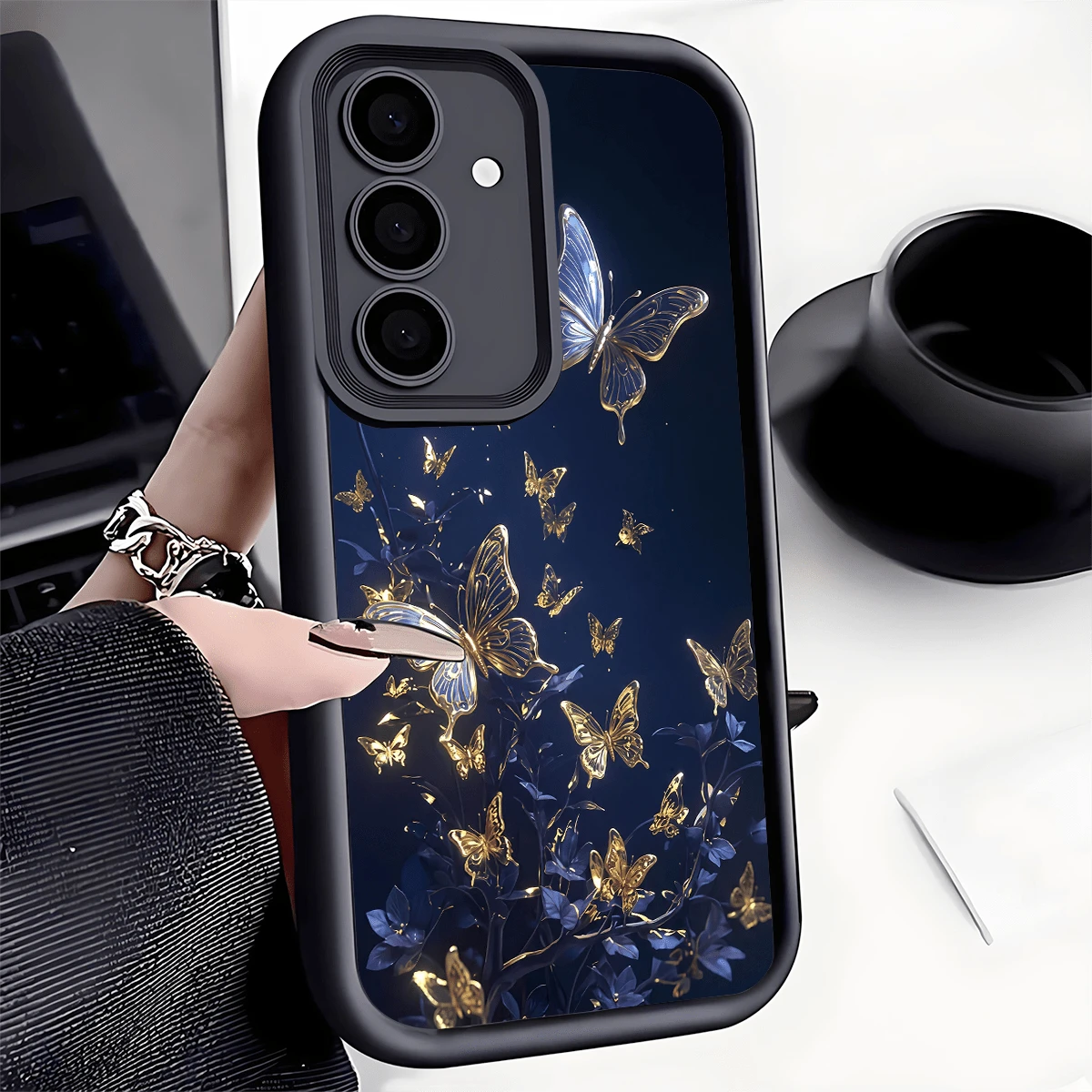 1pc Lucky Gold Butterfly Full Coverage Shockproof Phone Case, Thick Anti-Slip Protective Cover Compatible With IPhone, Honor, Galaxy, - Black - View 1