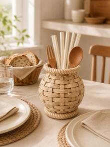 1pc Woven Rattan Style Kitchen Utensil Holder Set, Large And Small Cutlery Organizer For Cooking Tools, Spoons, Forks, Chopsticks, Straws, Rustic Farmhouse Countertop Storage Basket, Kitchen Decor - Multicolor - View 7