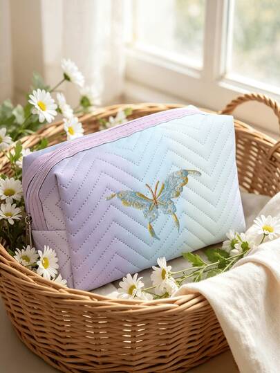 Gradient Color Patchwork Embroidered Butterfly Makeup Bag, Quilted Ribbed Large Capacity Waterproof Storage Bag, Commuter Skincare Organizer, Portable Travel Toiletry Bag, Perfect Gift For Best Friend.