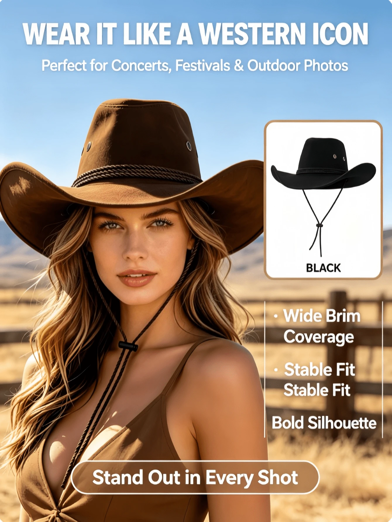 1pc Unisex Western Cowboy Hat, Wide Brim Straw Hat For Men And Women, Sun Protection, Windproof Rope, Suitable For Back To School, Holidays, Casual Occasions - Multicolor - View 1