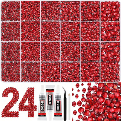 30,000pcs Red Flat Back Resin Rhinestones, 24-Grid Crystal Gemstone Storage Box, Includes 3 Bottles Of B7000 Jewelry Glue, Round Jelly Gems With Tweezers, Suitable For Making Jewelry, Shoes, Clothes, Fabrics, Bags, Artworks