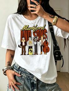 Mumford And Sons Cartoon Band Members With Instruments Graphic T-Shirt 100% Cotton Folk Rock Fan Unisex Tee - 白色 - 查看 1