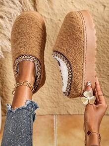 Women's Fluffy Plush Shaped Trimmed Woven Strap No Print Round Toe Backless Thick Sole Flat Heel Plush Toe Slippers, Retro Casual Home Rest Street Stroll Short Distance Shopping Autumn/Winter Camel Brown - Camel - View 1