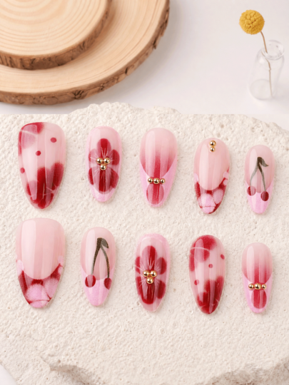 10pcs Almond Press On Nails, Red Cherry & Floral Pattern, Red Smudge Gradient & Gold Metal Bead Design Acrylic False Nails, Fake Nail Kit With Jelly Glue And Nail File, Ideal For Women Ladies Daily Wear, Dating, Wedding, Party And Holiday Occasions