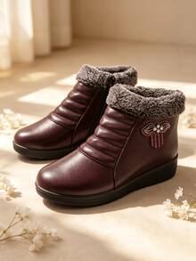 Sodalemon Comfy Soft Leather Winter Snow Boots For Elderly Ladies Anti Slip Thick Sole Warm Fuzzy Lined Ankle Booties - Red - View 3