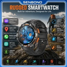 SENBONO Men's Heavy Duty GPS Smartwatch For Outdoor Sports, IPX8 Waterproof, Multi-Sport Modes, All-Day Health & Sleep Monitor, 1200mAh Battery, Flashlight, GPT, AI Watch Face, Message Notifications, Weather Sync - View 8