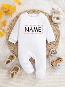 [Customized]Infant Long Sleeve Romper With Personalized Name Print, Exclusive Name Customization, Round Neck Comfortable Casual One-Piece Outfit, Durable Easy Care Machine Washable Newborn Crawler - White - View 1