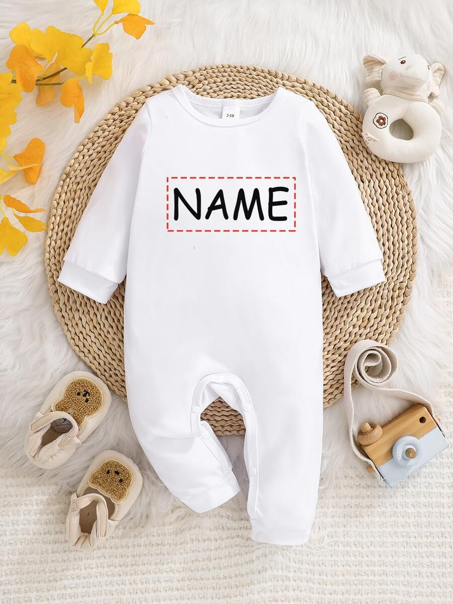 [Customized]Infant Long Sleeve Romper With Personalized Name Print, Exclusive Name Customization, Round Neck Comfortable Casual One-Piece Outfit, Durable Easy Care Machine Washable Newborn Crawler - White - View 1
