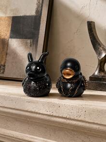 1pc 3.15 Inch Resin Gothic Punk Duck Figurine, Black Demon Horns And Bronze Chain Spike Design, Desktop Home Decor, Halloween Decoration And Unique Gift - Multiple 3 - View 5
