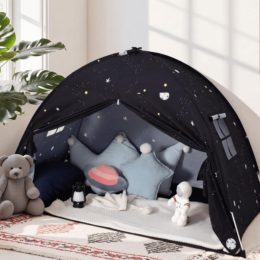 Kids Twin Size Bed Tent With Flags - Portable Foldable Canopy For Toddler Beds, Indoor Playhouse, Privacy Space For Boys & Girls, Perfect Gift For Bedroom Decor(Black Star) - 黑色星空 - 查看 1