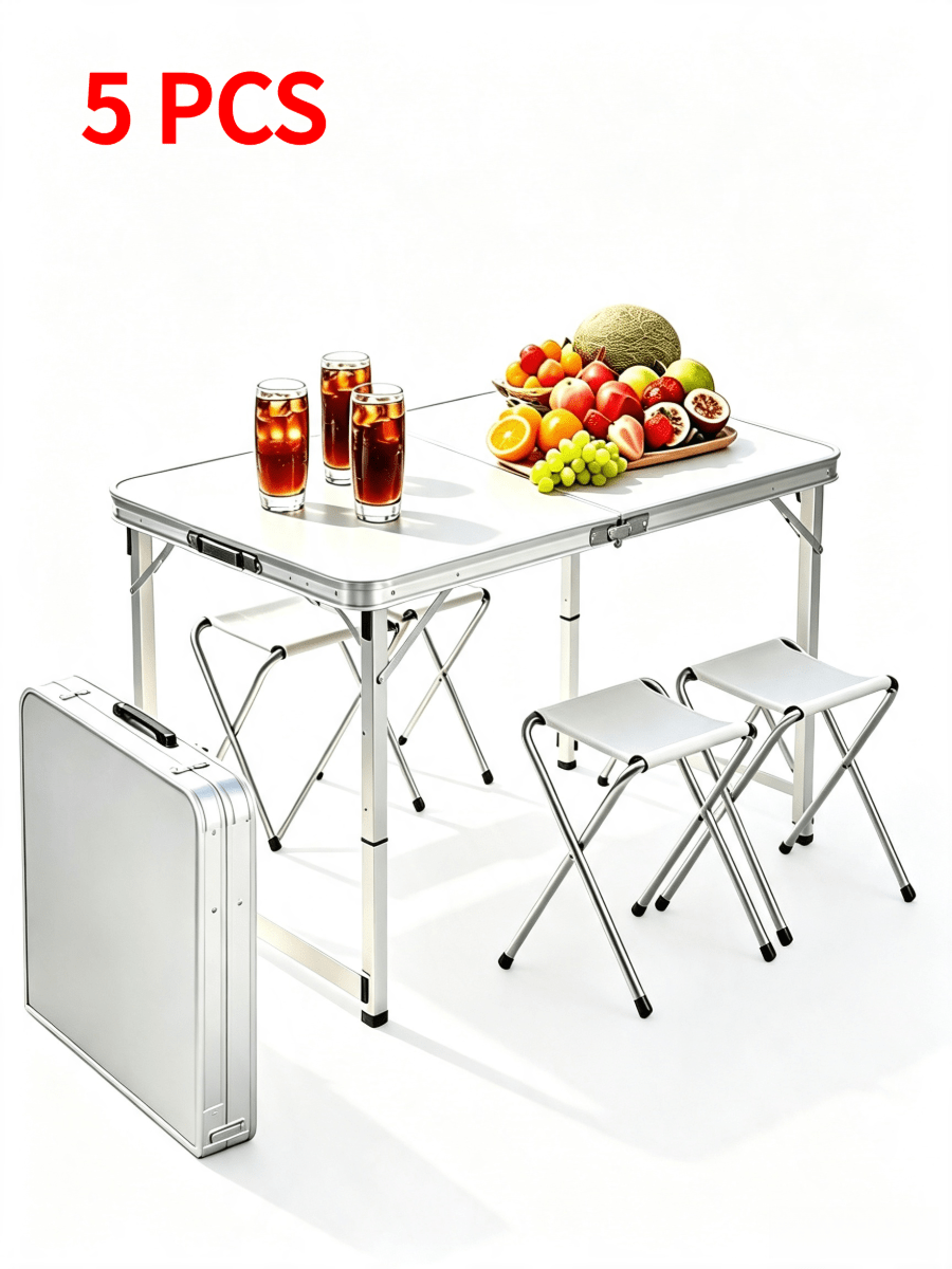 5-teiliges tragbares Aluminium-Campingtisch-Set mit 4 Hockern, faltbar zur Aufbewahrung, leicht und langanhaltend, höhenverstellbar, faltbarer Campingtisch und Stuhlset, Koffer-Stil Outdoor-Picknicktisch, geeignet für Reisen, Strand und Garten-Grillpartys