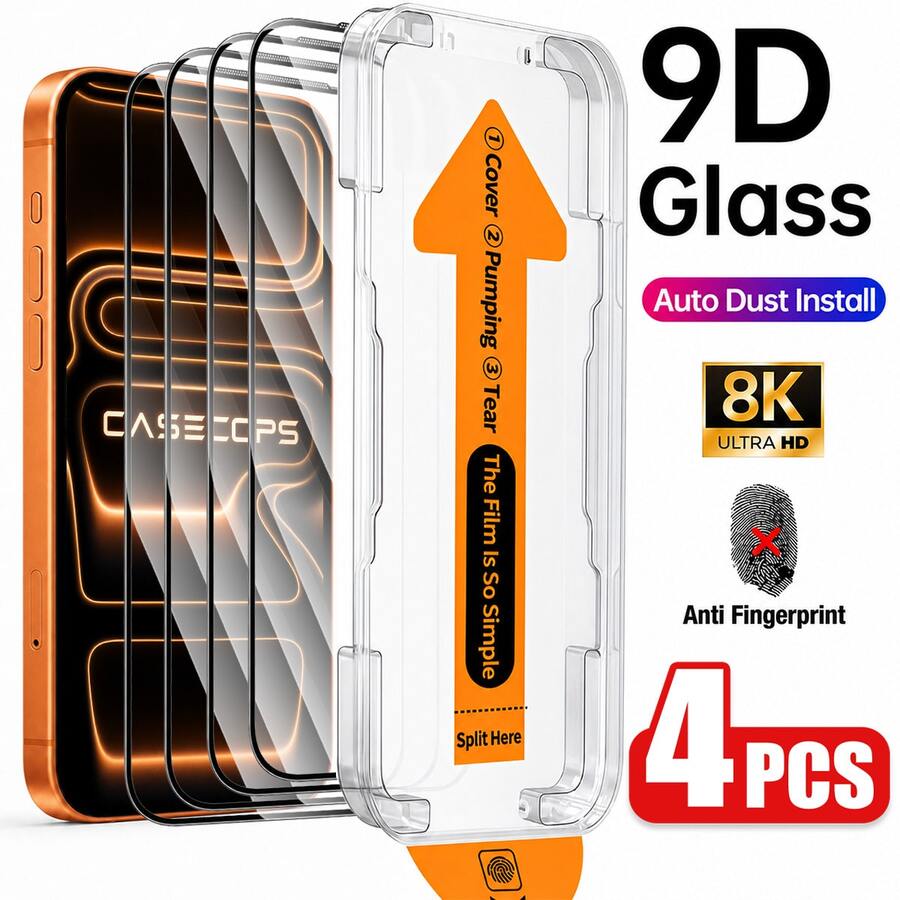 CASECOPS 4Pcs Full Coverage HD Anti-Shatter Tempered Glass Phone Screen Protector, Self-Cleaning, One-Click Installation, For IPhone 17 Pro Max, 9H Hardness Tempered Glass, Full Screen Coverage, Anti-Fingerprint, Bubble-Free, Easy Installation, For IPhone 17 Pro Max/17 Air/17e/16 Plus/16 E/16/15 Pro Max/14 Pro Max/13 Mini/12/11 Series