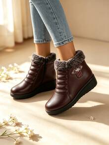 Sodalemon Comfy Soft Leather Winter Snow Boots For Elderly Ladies Anti Slip Thick Sole Warm Fuzzy Lined Ankle Booties - Red - View 6