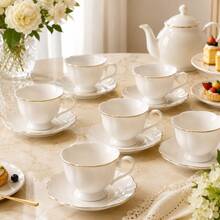 12-Piece 2.7oz/80ml Ceramic Espresso Cup & Saucer Set, 6 Cups + 6 Saucers With Elegant Gold Rim, White Demitasse Coffee Cups In Gift Box, Tea & Coffee Set For Home Café, Afternoon Tea, Wedding, Housewarming & Holiday Gift - White - View 2