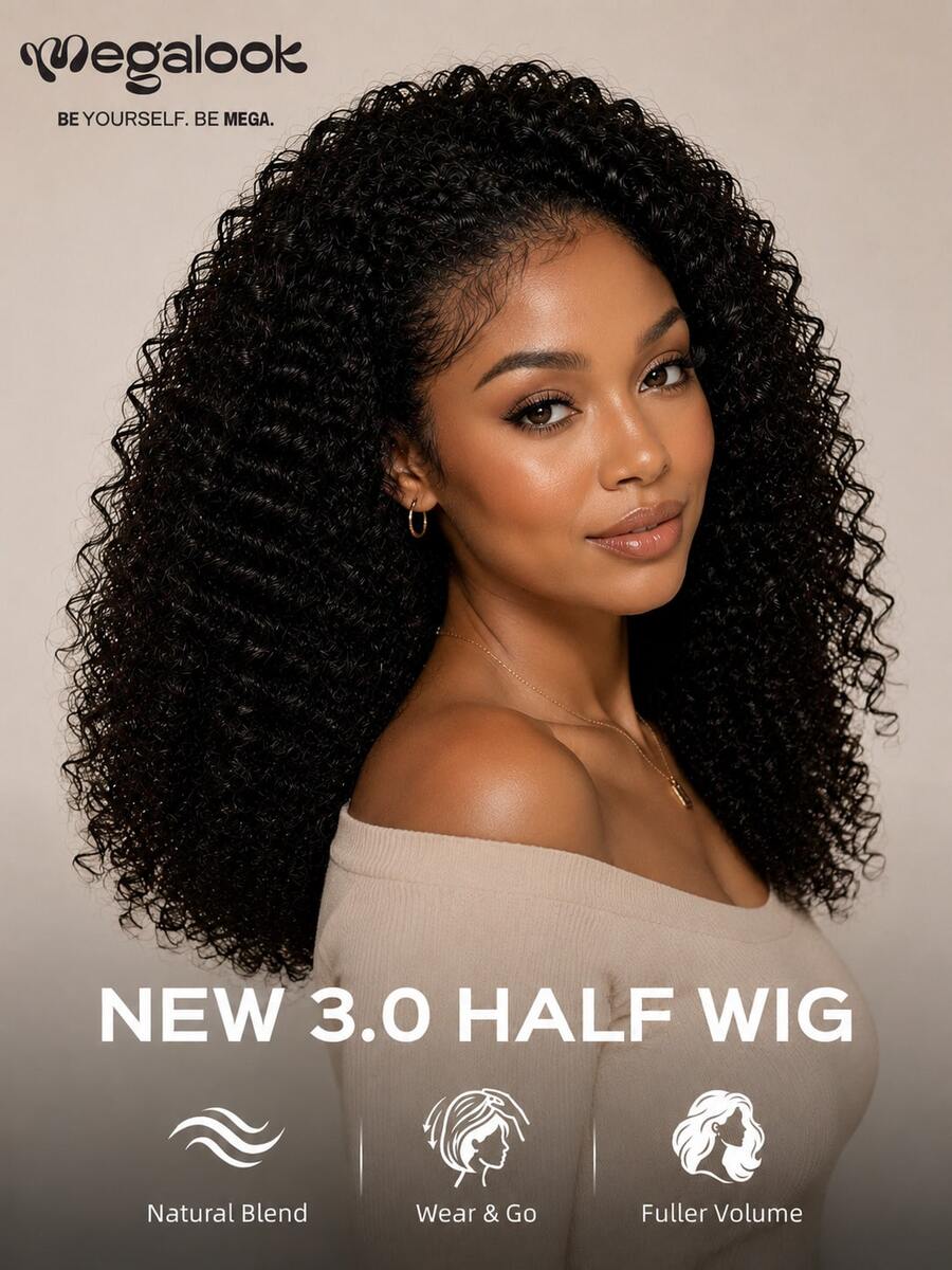 MEGALOOK 3 In 1 Half Wig Deep Curly 100% Human Hair Wig Invisible Hairline Wear Go Upgrade Headband Wig Updo Down Style Hairpiece Beginner Friendly Natural Color