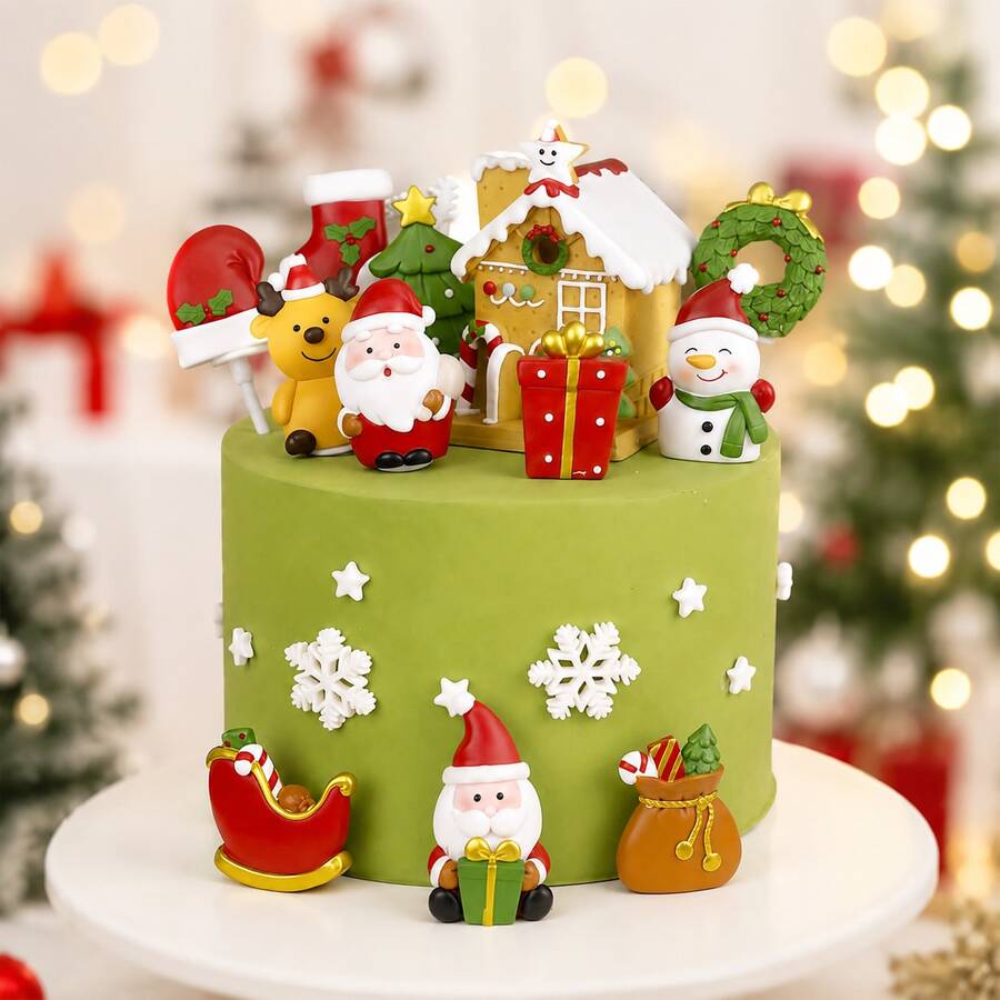 12件/1件裝聖誕主題蛋糕裝飾，DIY聖誕派對聖誕老人雪人麋鹿禮盒蛋糕裝飾套組 - 彩色 - 查看 1