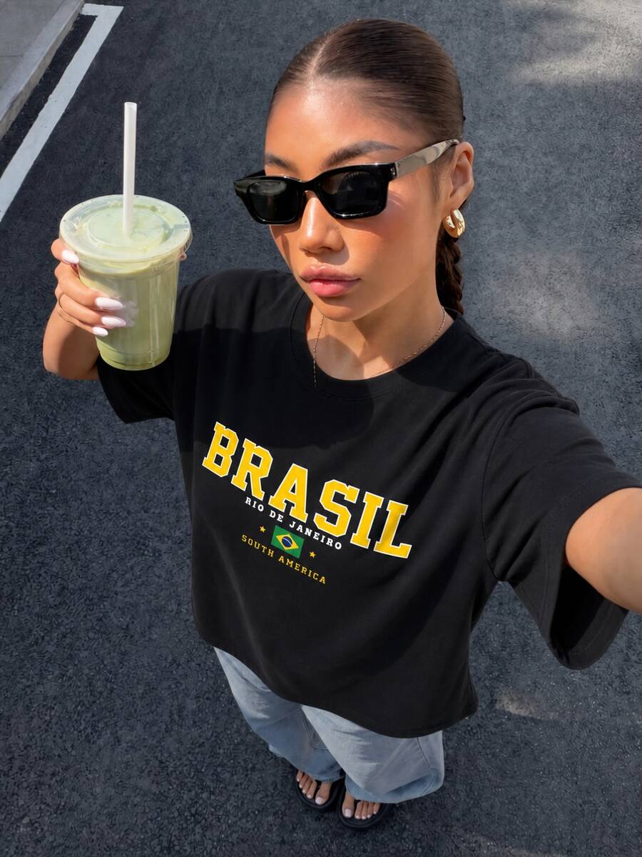 黑色“BRASIL”巴西国旗字母印花宽松T恤,Y2K巴西运动衫街头风短袖休闲夏季女款 - 黑色 - 查看 1
