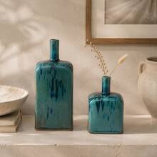 Teal Blue Reactive Glaze Ceramic Vase, Modern Square Decorative Bottle Vase For Living Room, Dining Room, Entryway, Shelf & Tabletop Home Decor, 2 Sizes - 1PC - View 2