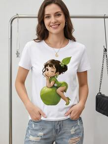 Women's Round Neck Short Sleeve Graphic Tee, Casual Top Suitable For Spring, Summer And Autumn Outfits - 白色 - 查看 1
