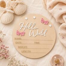 Hello World Wooden Newborn Birth Announcement Board, Name Date Time Weight Height Handwritten Record Board, Bow & Flower Decor Baby Photo Prop, Full Month Gift Ornament - Multicolor - View 5