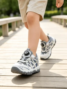 Big Kids Unisex Grey & Blue Mesh Thick Sole Sports Shoes, Rotary Buckle Design, Breathable & Non-Slip, Suitable For School, Running, Outdoor & Daily Wear - Grey - View 23