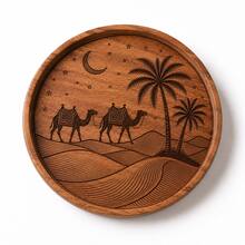 1pc Creative Walnut Wood Plate, Desert Camel Star Moon Date Palm Tree Carved Round Wooden Plate, Western Dinner Plate, Steak Plate, Candy Plate, Fruit Plate, Solid Wood Pizza Board, Serving Tray - View 3