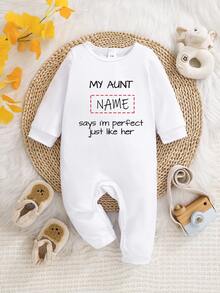 [مخصص] رومبير طويل الأكمام للرضع "My Aunt Says I'm Just As Perfect As She Is" تخصيص الاسم الشخصي، طباعة نص مضحك بياقة دائرية مريح وكاجوال قطعة واحدة، متين وسهل العناية قابل للغسل في الغسالة لملابس الرضع الزاحفة - أبيض - مشاهدة 1