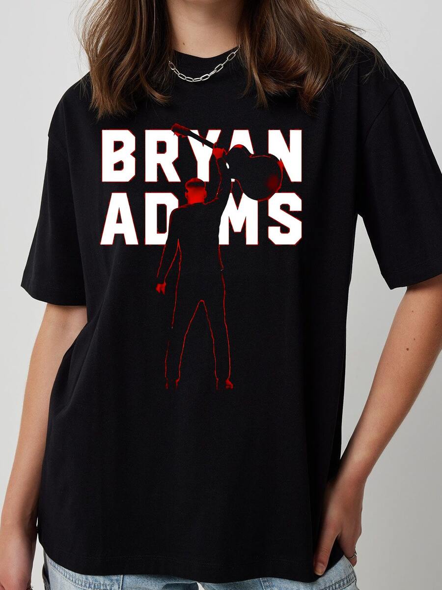 Vintage Bryan Adams Back View Raising Guitar Red Neon Outline Bold White Text Classic Rock Unisex T-Shirt - 黑色 - 查看 1