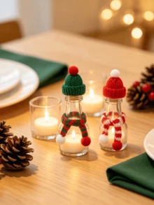 Mini Knitted Christmas Hat & Scarf Set, Red Green Red White Striped Yarn Wine Bottle Decor, Holiday Table Wine Glass DIY Atmosphere Ornament Accessory - Miniature Decoration - View 10
