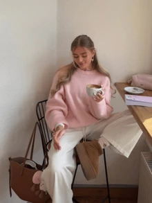FOR BEAUTY Fall Winter Women Sweaters Elegant Casual Y2K Pink Round Neck Drop Shoulder Oversized Loose Fit Pullover Ribbed Knitwear Top - Pink - View 4