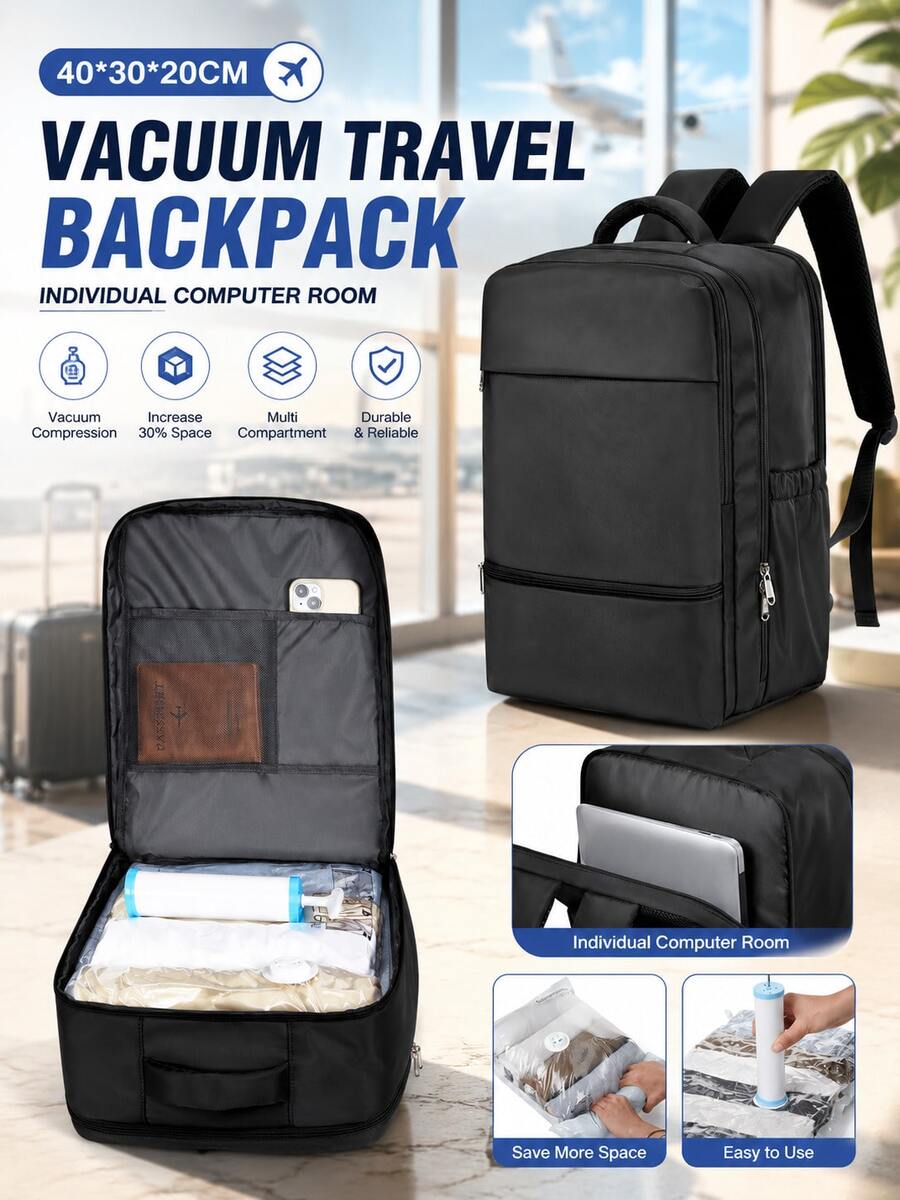 40*30*20cm Mochila de viaje con compresión al vacío, con bomba portátil, bolsa de viaje al vacío sellada de 35L, con sistema de vacío, bolsas de compresión transparentes, cubos de embalaje, múltiples bolsillos, tamaño aprobado por aerolíneas, mochila práctica para estudiantes y viajes al aire libre, disponible en varios colores