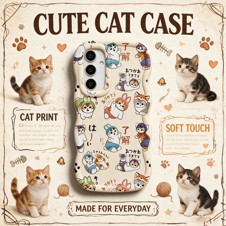 1pc Full Screen Cartoon Cute Kitten Japanese Style Personalized Relaxed Funny Creative Minimalist Retro Fashion European American Ins Gentle Style For Men And Women Beautiful Handsome, Macaron White Full Coverage Anti-Drop Fresh Colorful Wave Shape Cream Style, [International Version Not Local Version] Compatible With Android/GALAXY/A/S/FE/PLUS/ULTRA/NOTE/POCO/Transsion/HOT/SPARK/POP/SMART/RENO/Honor/Phone Case/Protective Cover