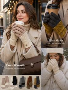 1 Pair Cute Winter Dual-Use Colorblock Wool Women's Gloves, Fingerless, Touchscreen Compatible, Warm, Cycling, Student - Multiple Styles - View 10