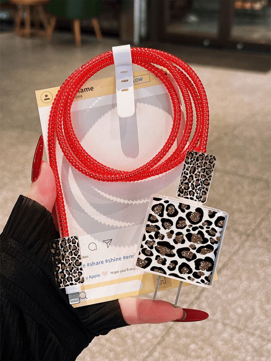 Sexy Leopard Print, Fine Glitter Color Block Pattern, Minimalist Apple Charger Protective Case, Compatible With 20W Phone 15 Charger, 16 ProMax Phone Cable Protector Cover, Anti-Bend, Anti-Cat Bite, Suitable For 13/14 Plus Data Cable Protector, Charger Protector. Christmas Gift - Multicolor - View 1