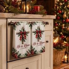 2pcs/Set Christmas Wreath Print Kitchen Towels, He Is Risen English Text, Holly Red Berry Plaid Bow Pattern Hand Towels, Oven Door Decorative Hanging Towels, Holiday Home Kitchen Decor, 4/6/8pcs Boxed - Multicolor - View 4