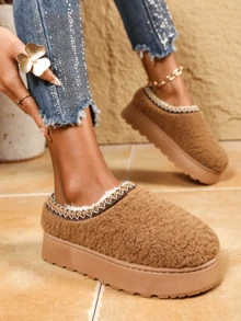 Women's Fluffy Plush Shaped Trimmed Woven Strap No Print Round Toe Backless Thick Sole Flat Heel Plush Toe Slippers, Retro Casual Home Rest Street Stroll Short Distance Shopping Autumn/Winter Camel Brown - Camel - View 3